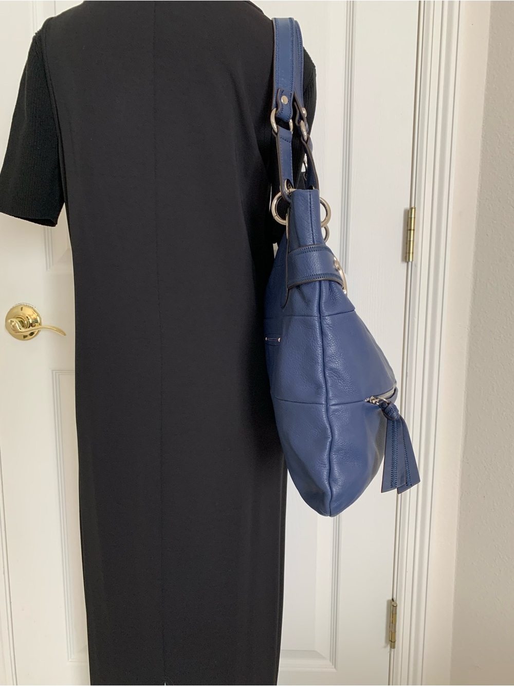 B Makowsky Navy Leather textured Tote Shoulder Bag Y2 K - Picture 2 of 12